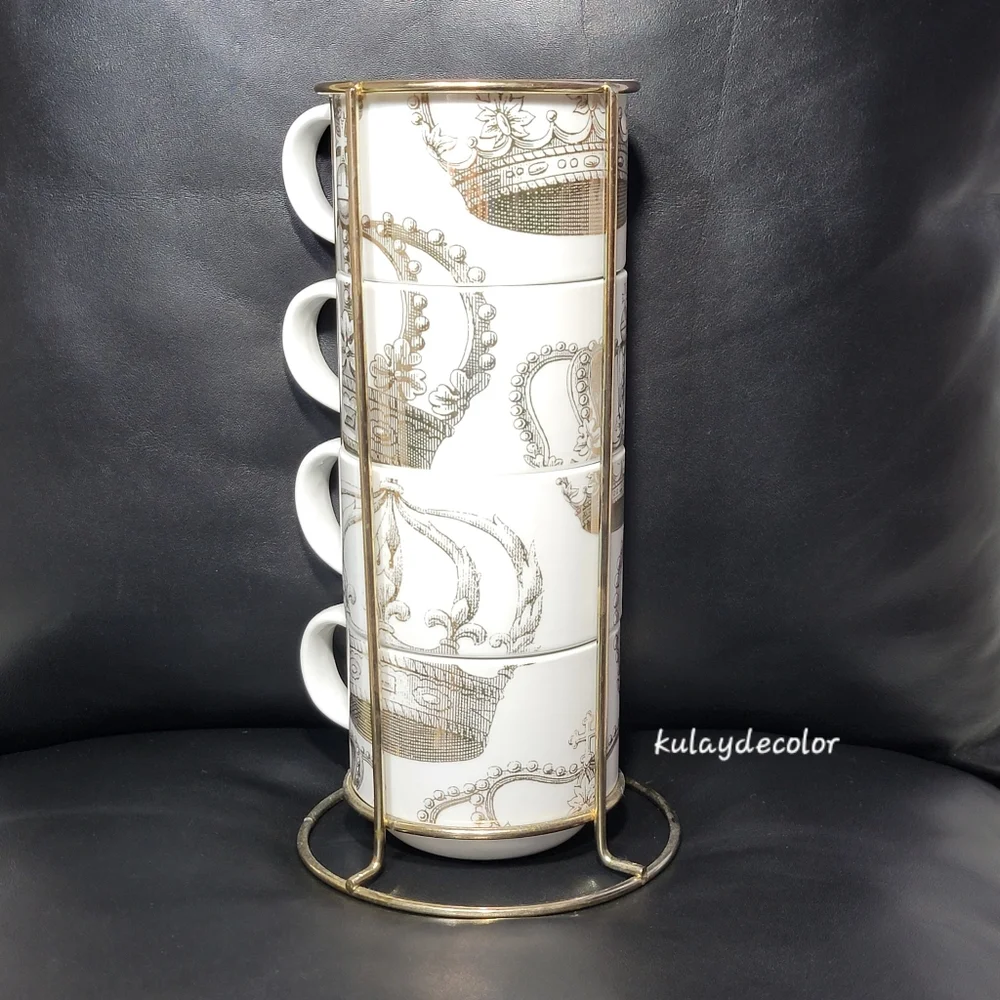 Pier 1 Imports Gold Crown Print Stacking Mugs Set w/ Gold Metal Rack Coffee Cups